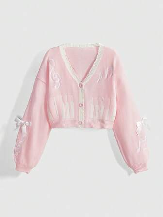 Kawaii Women's Casual Minimalist Music Note Embroidery Bow Decor Contrast Trim Cardigan, Autumn/Winter