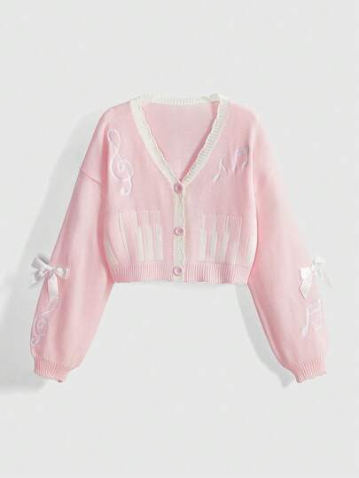 Kawaii Cardigan décontracté minimaliste pour femmes avec note de musique brodée, nœud décoratif et bordure contrastée, automne/hiver
