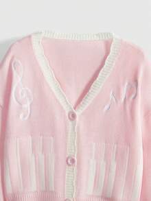 ROMWE Kawaii Áo khoác cardigan nữ kiểu dáng tối giản, họa tiết nốt nhạc thêu nơ, viền tương phản, thích hợp cho mùa Thu/Đông. - Hồng - Xem 3