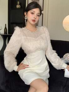 DAZY Đầm nữ thanh lịch dáng lửng, có tua rua, phối nhiều mảnh, thích hợp cho công sở. - Màu be - Xem 9