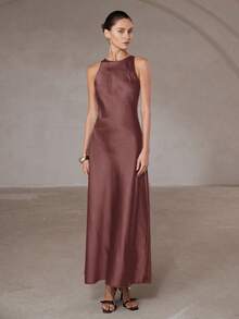 Aveloria Modichic 简约优雅不对称下摆双面缎面醋酸纤维面料A字无袖连衣裙（女款） - 藕粉色 - 查看 3