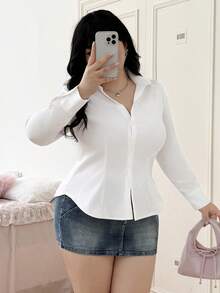 CovetEZ Plus Size White Bandage Button Shirt, Spring/Summer - White - View 6