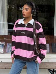 SHEIN EZwear Women's Casual Drop Shoulder Striped POLO Knit T-Shirt, Y2k Polo Shirt, Long Sleeve Striped Tees 90s - Pink - View 3