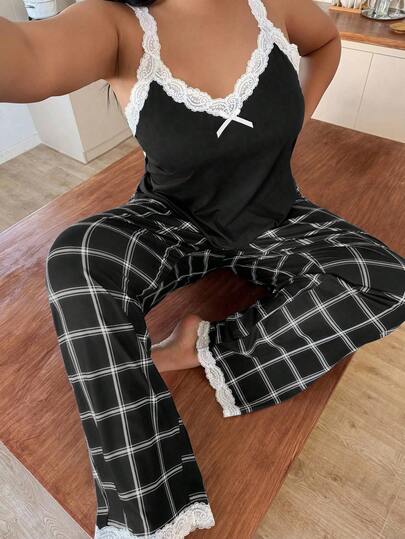 SHEIN Plus Size Contrast Color Lace Patchwork Camisole & Plaid Print Pants Pajama Set Cami Pajama Set Pajama Sets For Women Black Checkered Pajamas Lace Trim Pajamas