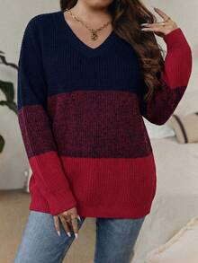 SHEIN LUNE Plus Size Color Block V-Neck Casual Pullover Sweater In Fall/Winter - Royal Blue - View 1
