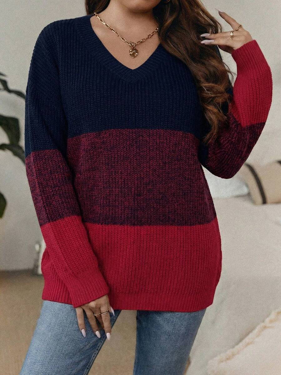 SHEIN LUNE Plus Size Color Block V-Neck Casual Pullover Sweater In Fall/Winter - Royal Blue - View 1