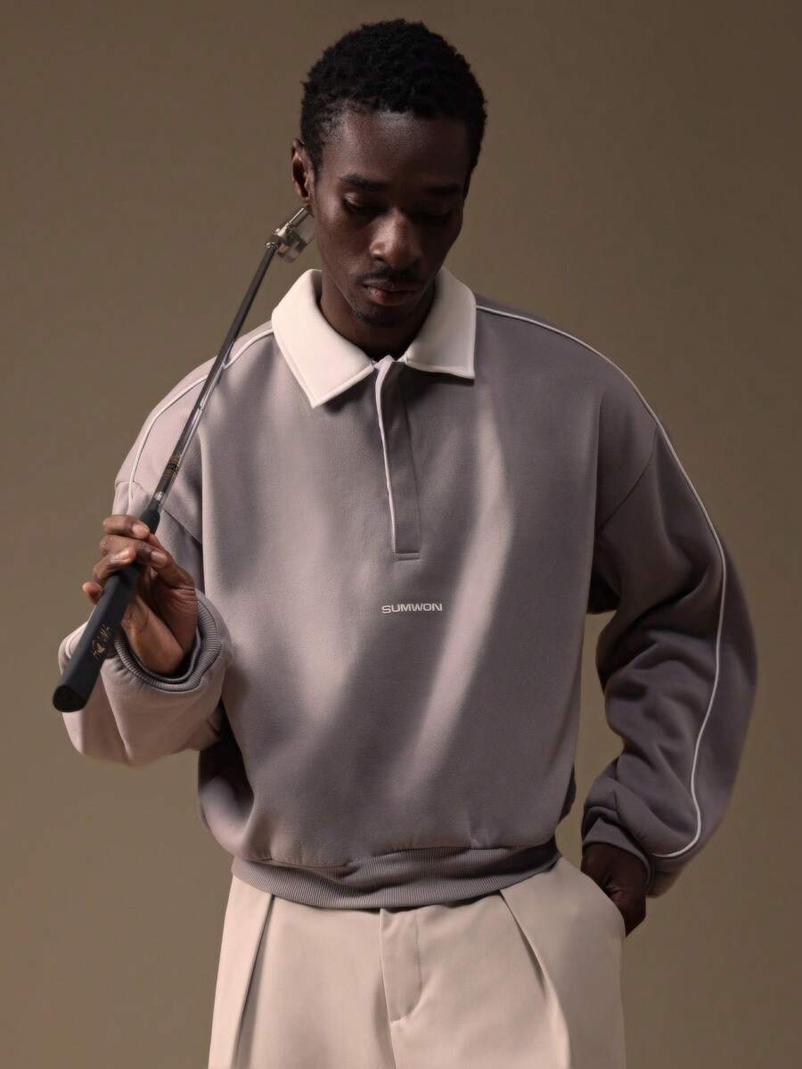 SUMWON Regular Fit Polo Shirt With Contrast Collar And Ribbed Hem Long Sleeve Casual Pullover Top For Everyday Wear - Grey - View 1