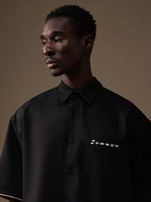 SUMWON Relaxed Fit Short Sleeve Button Down Shirt With Minimal Logo Print Casual Weekend Plain - Black - View 3