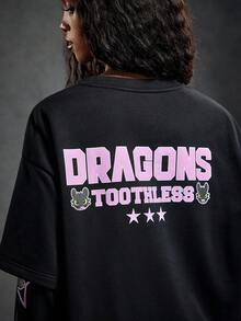 SHEIN How to Train Your Dragon Women's Star & Cartoon Pattern Crew Neck Long Sleeve Sweatshirt - Black - View 3