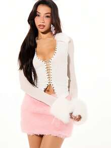 SUMWON WOMEN Mesh Lace-Up Ribbed Top With Fur Trim Sleeves And Deep V-Neck Long Sleeve Bodycon Fitted Blouse For Valentine - White - View 1