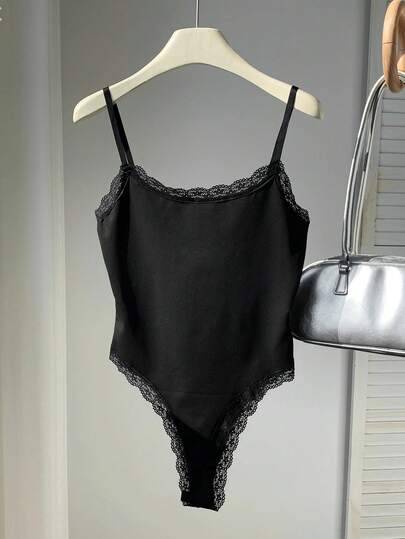 SHEIN EZwear Women's Lace Trimmed Spaghetti Strap Bodysuit