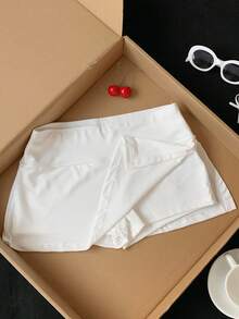 SHEIN EZwear 純色高腰迷你短褲裙 - 白色 - 查看 3