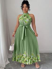 SHEIN Elenzya Đầm xếp ly cổ yếm in hoa thanh lịch cỡ lớn - màu xanh lá - Xem 6