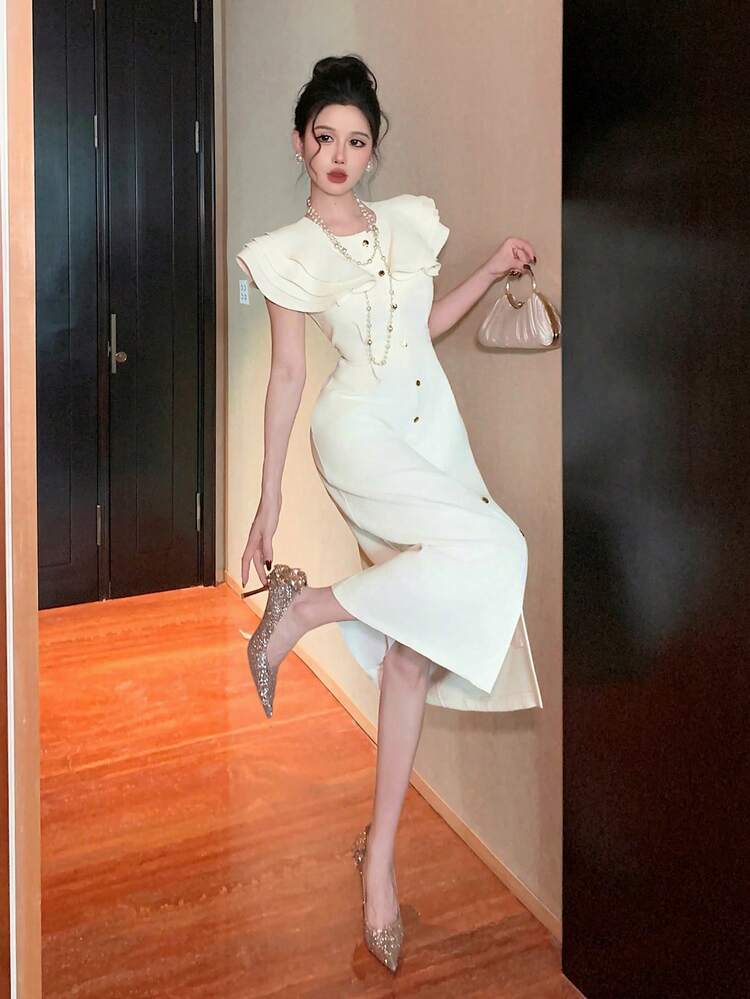 Women's Elegant Ruffled Hem Solid Color Dress, Summer Wedding Guest Dress Sundress