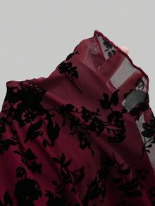 Sweetra Gothic Style Women Top, Floral Flocked Fabric, Ruffle Trim - Burgundy - View 3