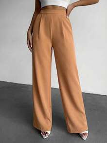 SHEIN Cottnline Fashionable & Versatile High Waist Wide Leg Solid Color Pants - Camel - View 4