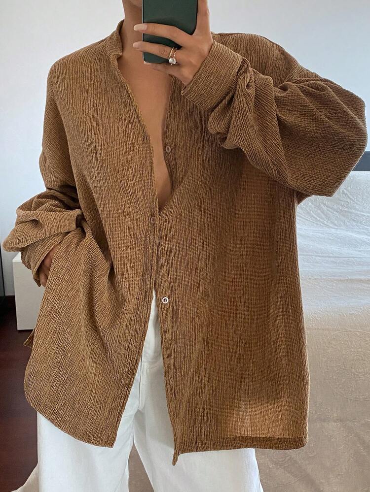 Women's V-Neck Textured Fabric Wrap-Around Back Button-Up Casual Elegant Cardigan T-Shirt Long Sleeve