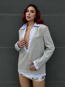 Bearsaez 2025 Spring Women Patchwork Long Sleeve Simple Suit Blazer, Daily Commute, Vintage Style In Fall/Winter - Grey - View 6