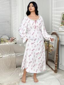 Dazy Plus Floral Contrast Lace Elastic Fitted Long Flare Sleeve Nightgown, Spring/Autumn - Pink - View 4