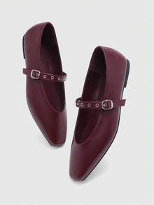 CUCCOO BIZCHIC 女士方头平底巧克力色金属扣套脚平底鞋，舒适休闲玛丽珍鞋，适合搭配连衣裙 - 酒紅色 - 查看 10