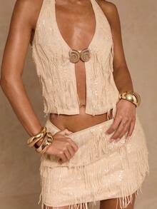 SHEIN Glamour New Women's Two Pieces Set: The Front Features Metal Buckles, While The Back Has Tie Straps For An Open-Back Design,Apricot Sequin Top, Prom Dress, New Year's Gala Attire, Sexy Tank Top For Parties, Sequin Off-Shoulder Straps, Cocktail Party Dress,Old Money Style . Cream Two Piece Set Beige Two Piece Set Fringe Top Fringe Skirt Havana Nights Outfit - Apricot - View 6