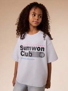 SUMWON Oversized Short Sleeve Crew Neck T-Shirt With Club International Chest Print And Globe Design For Casual Everyday Wear Vacation - Grey - View 1
