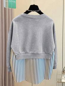 Resyla 女士圆领落肩长袖条纹拼接卫衣 - 灰色 - 查看 2