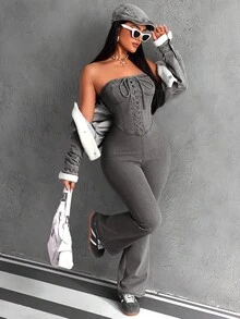 SHEIN ICON Women's Casual Washed Criss-Cross Bandeau Denim Jumpsuit - Grey - View 5