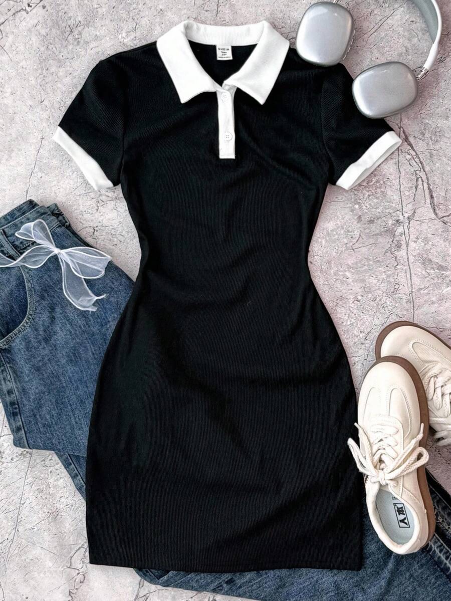 SHEIN Váy chắp vá màu tương phản, tối giản, thoải mái, vừa vặn cho bé gái tuổi teen - màu đen - Xem 1