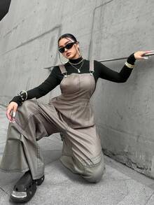 POPSWAY 大码女士休闲连体裤，带口袋、松紧腰带、交叉绑带、牛仔印花、军绿色，适合春夏假期穿着 - 軍綠色 - 查看 6