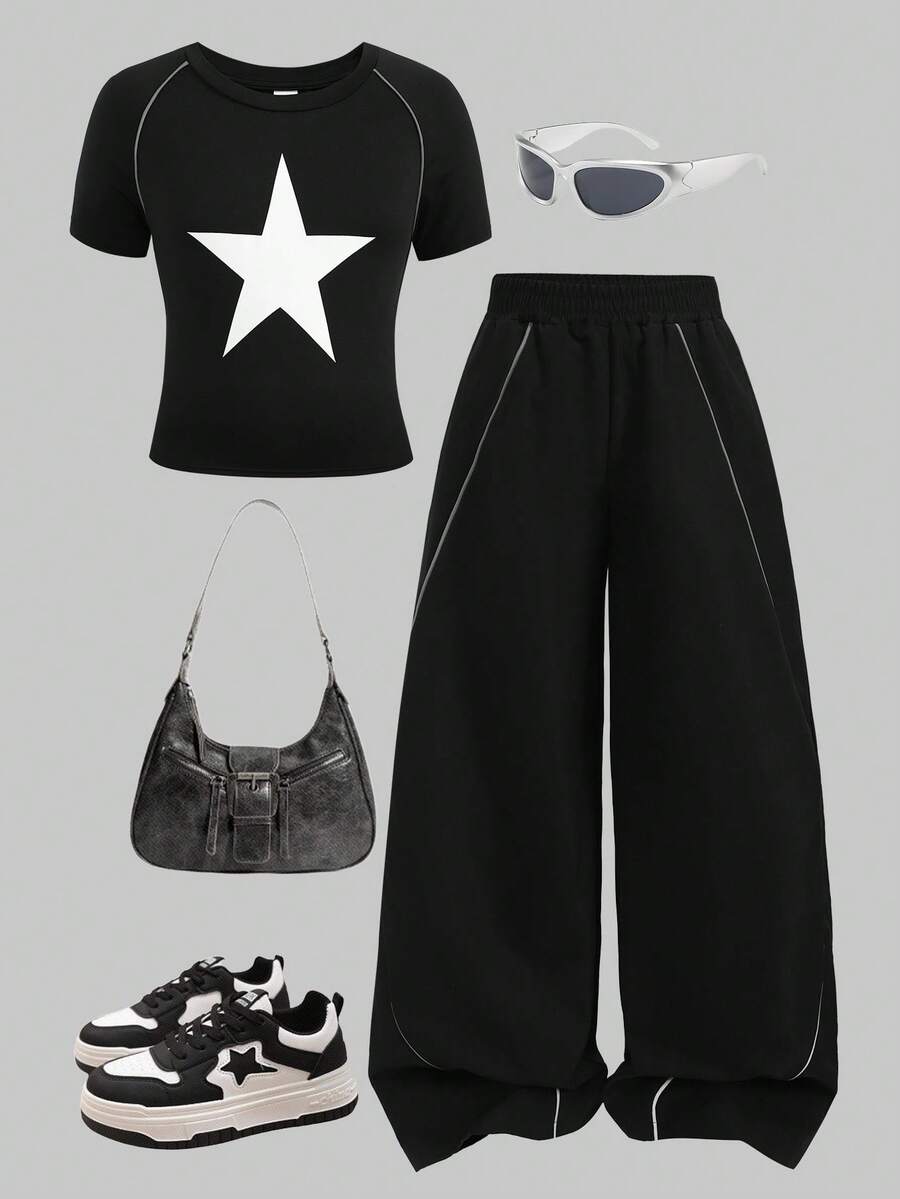 Girlism Tween Girls Black Knit Star Pattern Crop Top With Contrast Trim, Glow-In-The-Dark Reflective Tape, And Loose Fit Pants 2-Piece Tracksuit Set - Black - View 1