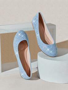 SHUZIA Women's Comfortable Round Toe Rhinestone Flats Valentine's Day - Baby Blue - View 7