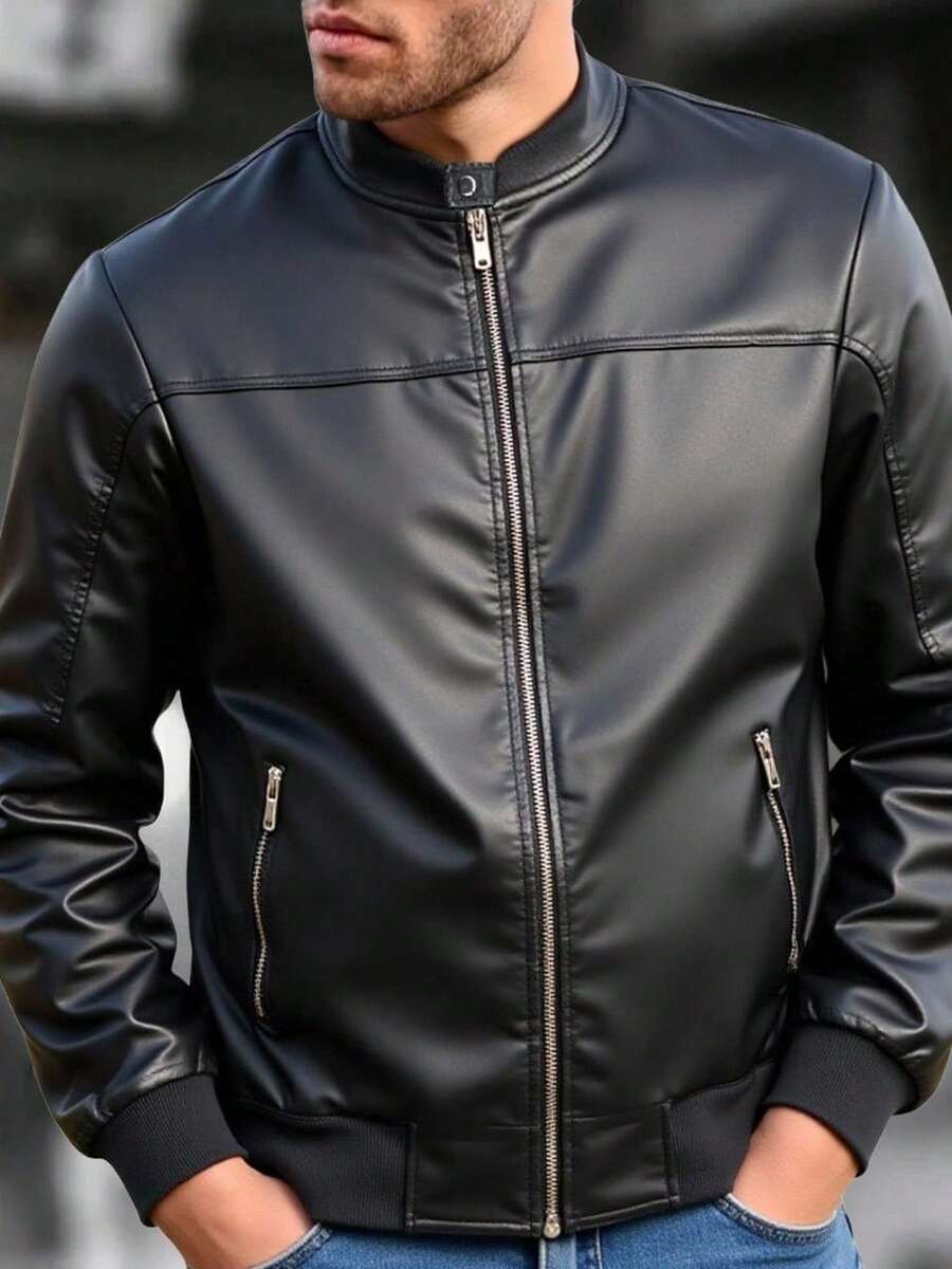 Chamarra Tipo Biker para Hombre Vinipiel con Botón Afelpada por Dentro - Negro - Ver 1