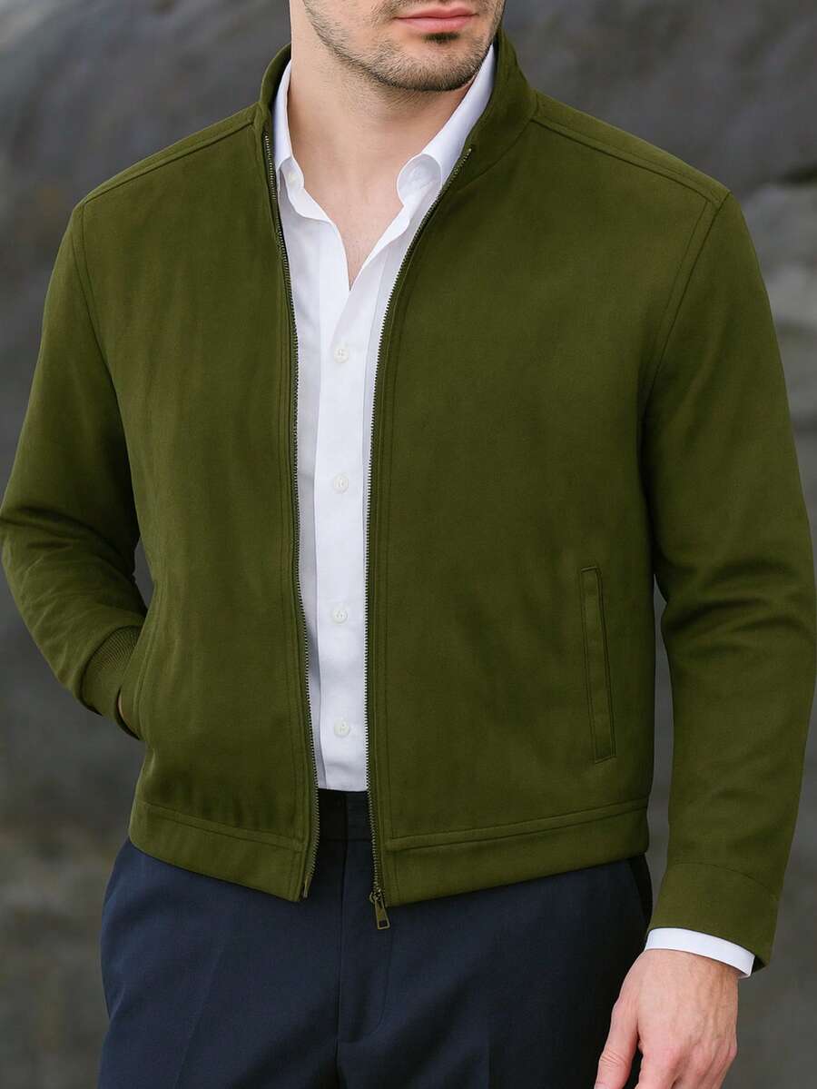 Chaqueta de Gamuza Sintético para Hombres, Afelpada por Dentro, Chamarra Piel Sintética - Verde militar - Ver 1