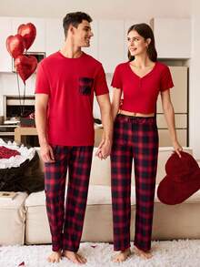 CoupledUp Bộ đồ ngủ nam tay ngắn và quần dài in họa tiết kẻ caro, kiểu dáng thường ngày. - Đỏ - Xem 1