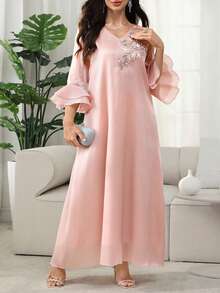Al Najma Abito da donna taglie forti con scollo a V, decorato con perline, con maniche a balze e stile arabo - Rosa - Visualizzare 7