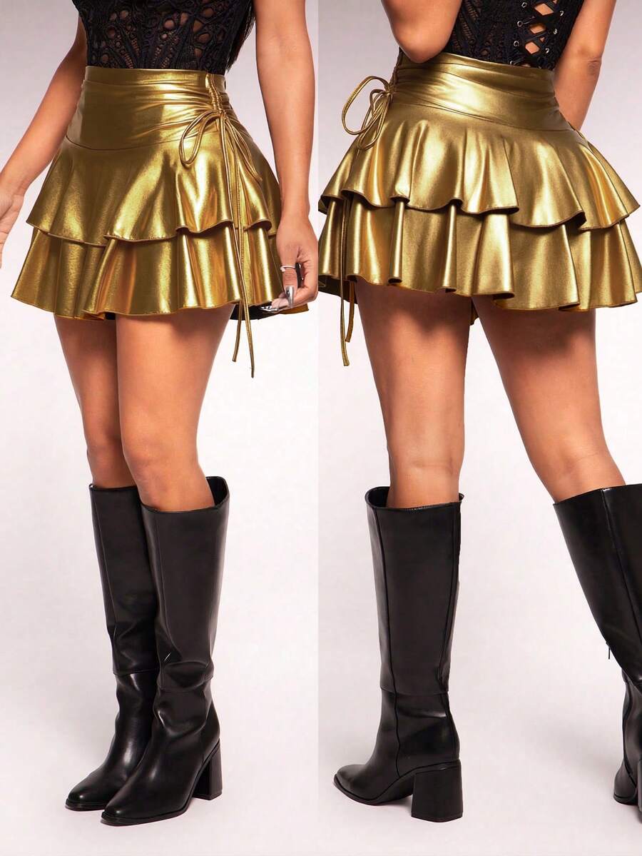 Radiana Women's Gold Summer Y2K PU Coated Layered Ruffle Hem Mini Skirt,Elastic Drawstring Waist Metallic Party Skirt For Night Out,Music Festivals,Clubs - Gold - View 1