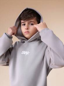 SUMWON 男童星形Logo连帽衫，背面印花套头卫衣，休闲长袖，秋冬季日常舒适上衣，适合度假穿着。 - 卡其色 - 查看 3