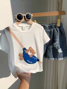 SHEIN Little Byeori Conjunto de 2 piezas de pantalones cortos con relieve de dinosaurio para niños pequeños - Marrón - Ver 6