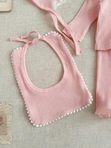 SHEIN Infant Girls' Simple Pink Long Sleeve Casual Homewear Set With Hat And Bib - Pink - View 8