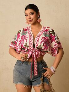 Travachic Áo croptop tay cánh dơi in họa tiết nhiệt đới cỡ lớn, thích hợp mặc đi nghỉ mát. - Hồng - Xem 1