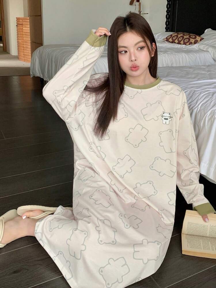 Dazy Plus Plus Size Women Contrast Color Cartoon Floral Print Loose Straight Knit Nightgown