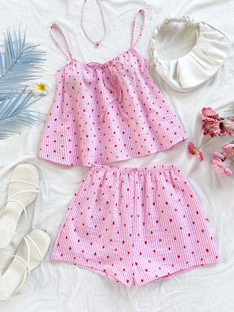 Soleia 2pcs Women Heart Striped Front Tie Camisole Top And Shorts Set