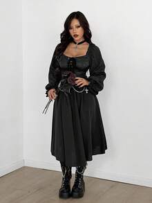 Coolane Women's Fall/Winter All-Season Y2K Goth Chic Rave Outfit Lace Stretchy Comfortable Halloween Outfits Long Sleeve Straps Waist-Cinched Black Midi Dress - Black - View 4