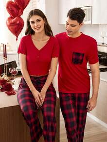 CoupledUp Bộ đồ ngủ nam tay ngắn và quần dài in họa tiết kẻ caro, kiểu dáng thường ngày. - Đỏ - Xem 3