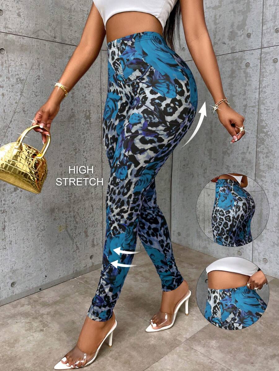 SHEIN BamGlam Rose Leopard Print Versatile Fashionable Sexy Digital Print Comfortable Leggings For Women, Suitable For Home, Street, Party Fall Cloth For Women