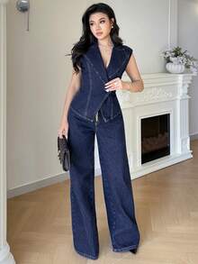 Modelyn Dammode Crossover Wrap Ärmlös Denim Jumpsuit - Mörktvätt - Visa 3