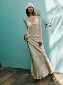 Opulessa Fashionable Light Apricot Thin Beaded Crew Neck Long Sleeve Sweater - Apricot - View 2