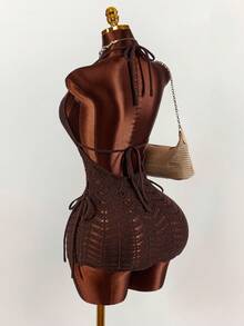 Amplova Women's Crochet Beaded Dress, Sexy And Avant-Garde, Suitable For Vacation Outfit, Sexy Hollow Boho Style - Brown - View 7