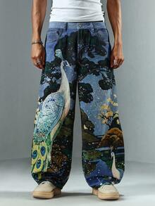 ROMWE MEN Street Life Men's Animal Landscape Print Fashion Jeans - Blue - View 3